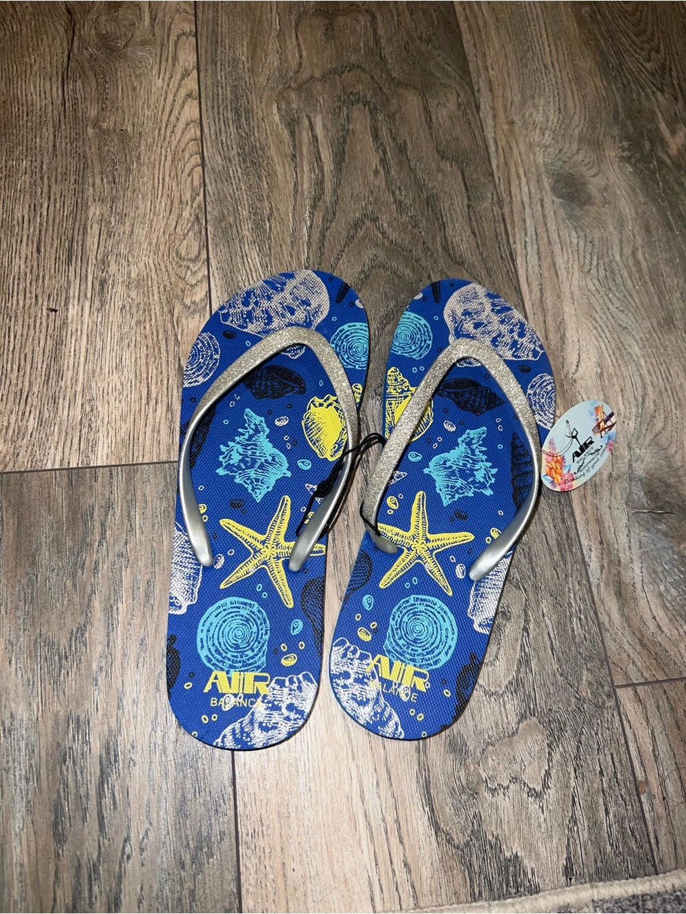 Kids Blue Starfish Flip Flops with Silver Straps